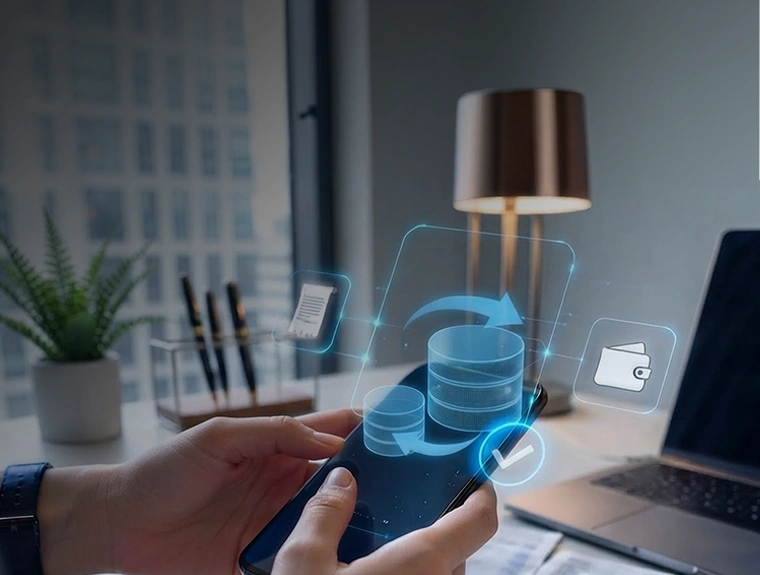 Hand holding a smartphone with icons for bill payment and a digital wallet