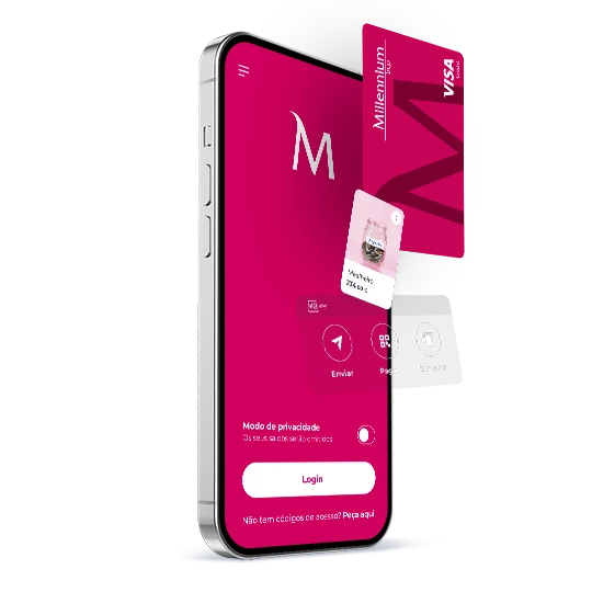 telemóvel com App Millennium e ilustrações de funções da app