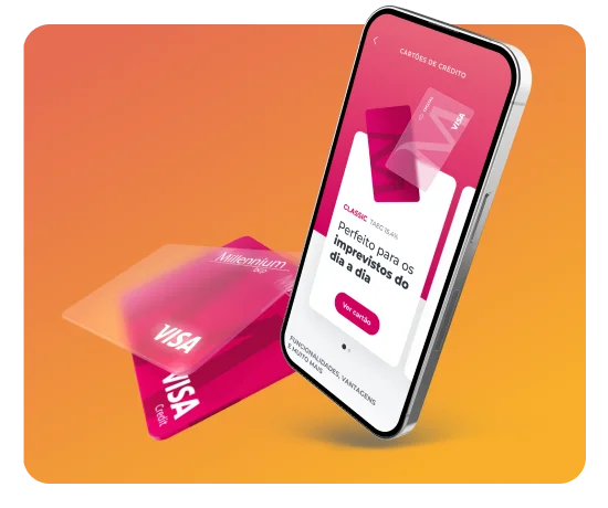 Telemóvel com ecrã da App Millennium para pedir cartão, um cartão de crédito físico e um digital