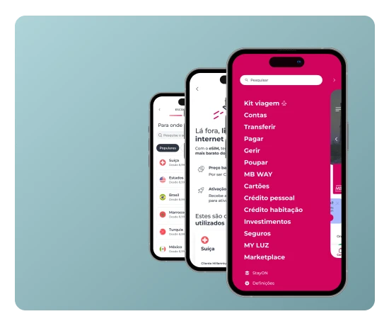 Ecrãs da App Millennium com menu e funcionalidade eSIM para viagens