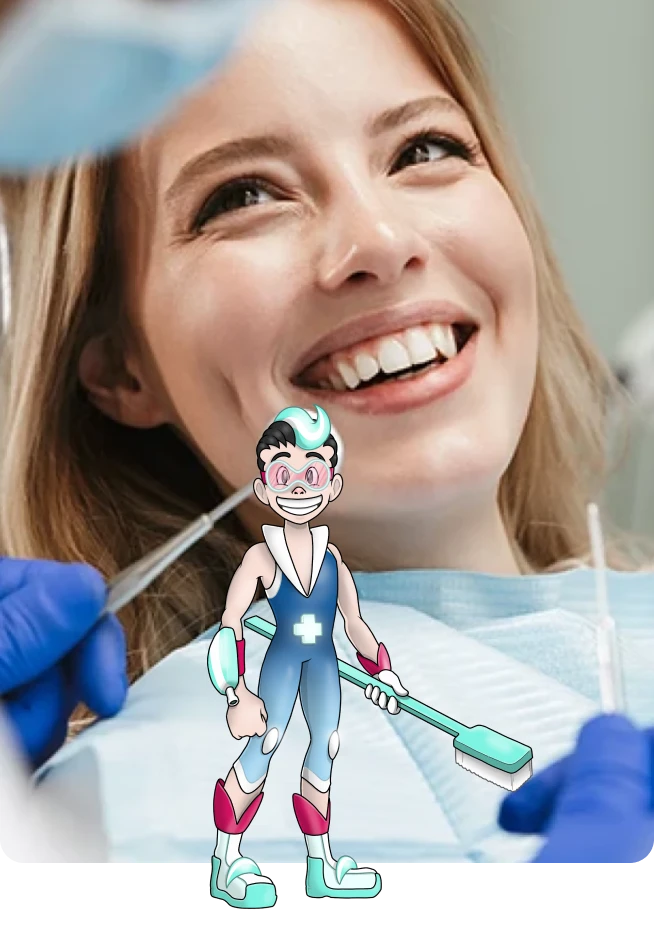 Herói Médis Dental junto a uma mulher sorridente numa consulta de medicina dentária