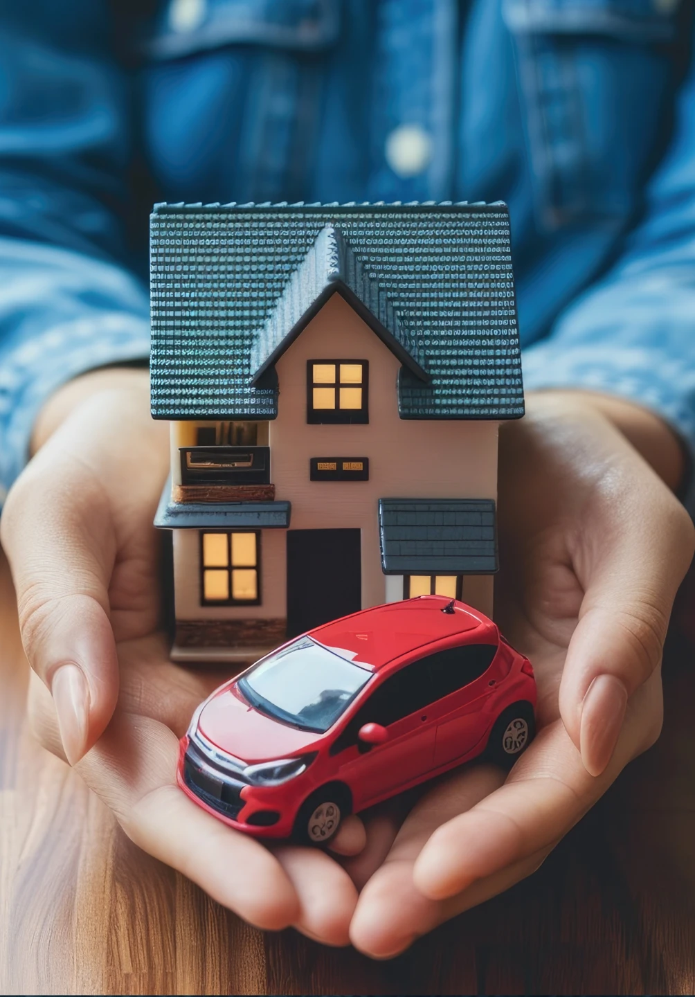 Mãos seguram miniatura de casa iluminada e carro vermelho, simbolizando proteção e seguros