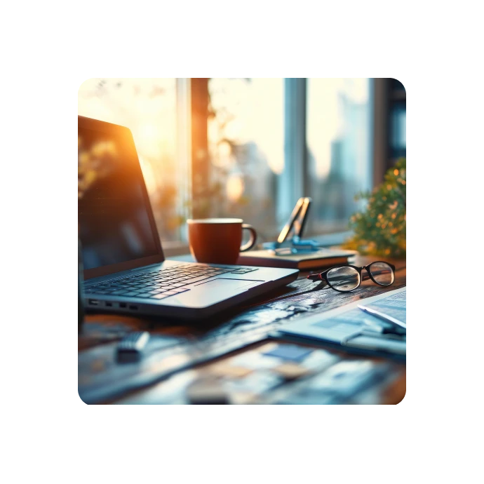 desk with laptop, coffee mug and glasses, by a window