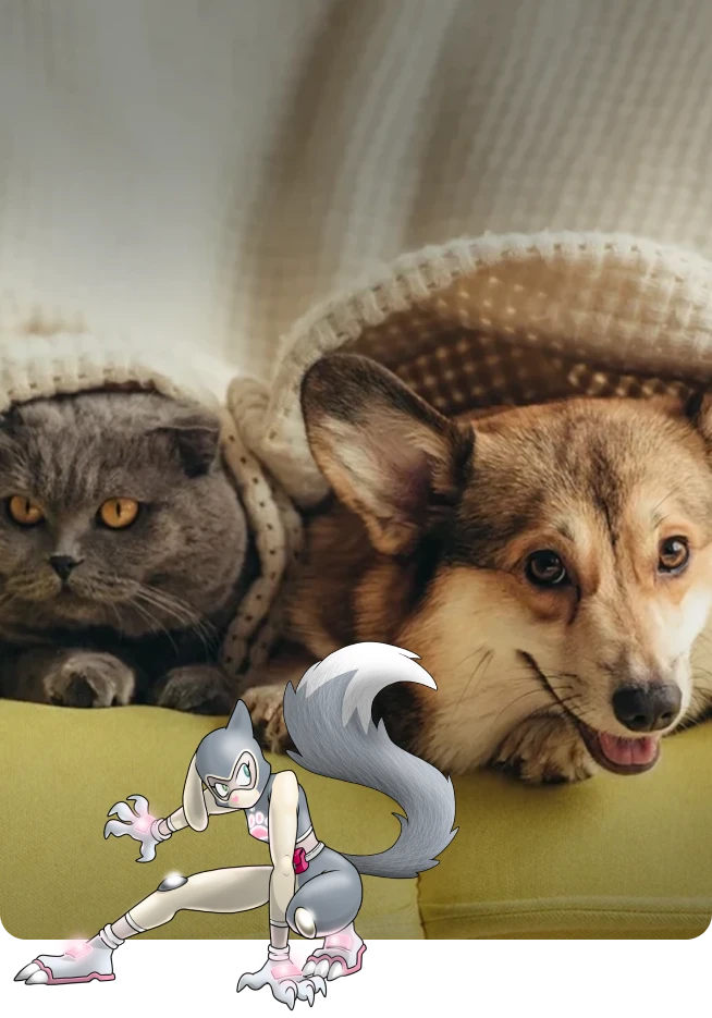 A heroína Pétis em pose de ação sobre uma foto de um gato e um cão.