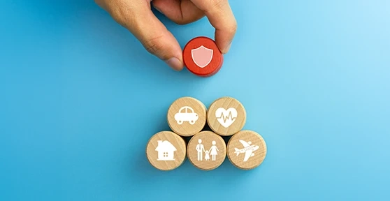 Mão a segurar botão vermelho com escudo, sobre ícones de carro, saúde, casa, família e viagens