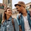 Casal sorridente com mochilas a passear numa cidade histórica