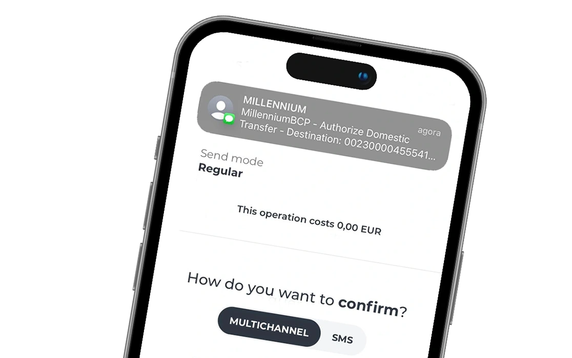 Millennium App screen with SMS to validate transfer