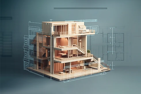 ilustração de maquete de casa com plantas do projeto