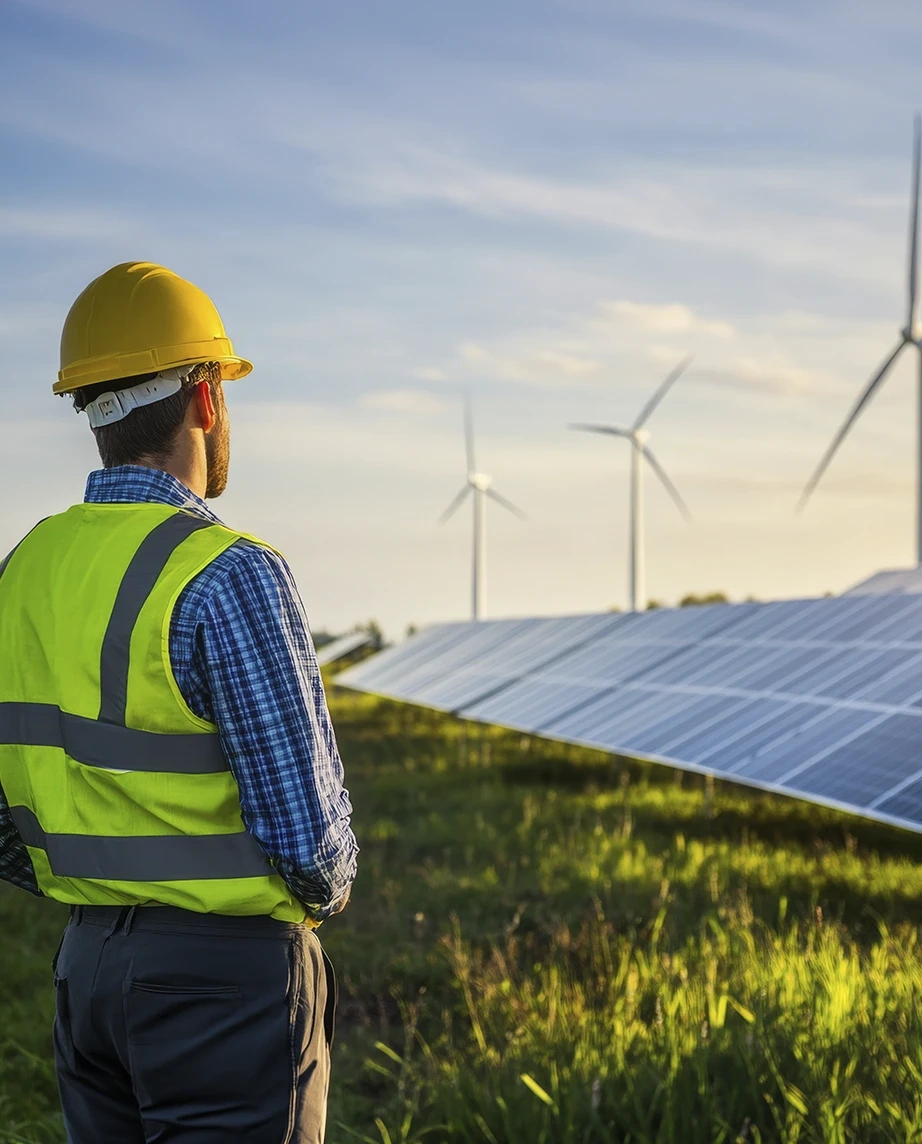 Worker observing a renewable energy field with solar panels and wind turbines