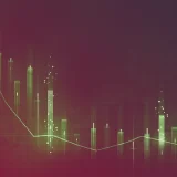 Gráfico de velas digitais com indicadores de desempenho financeiro sobre um fundo escuro, representando flutuações de mercado