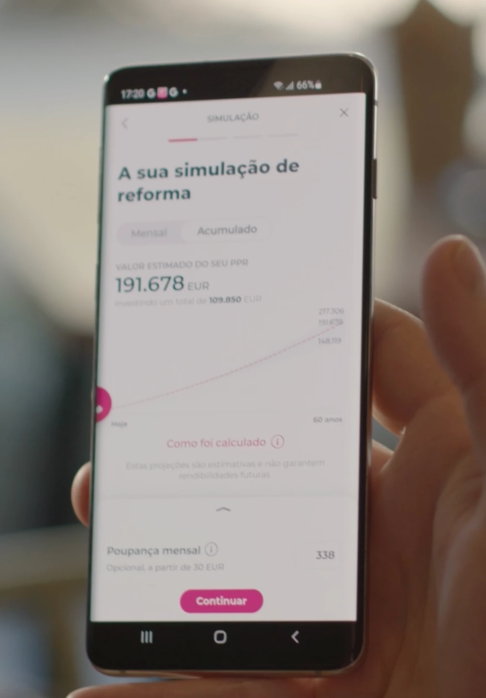 Ecrã de um telemóvel que mostra o resultado da simulação de reforma na App Millennium