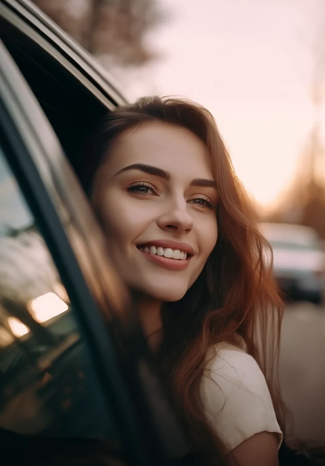 rapariga sorridente, com cabeça de fora da janela do carro