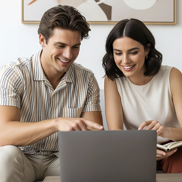 Jovem casal sorridente a utilizar um computador portátil
