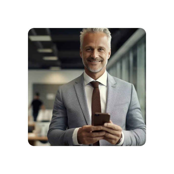man smilling and holding phone