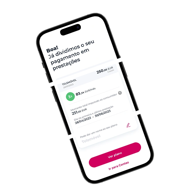 telemóvel com écran da App Millennium: "Boa! Já dividimos o seu pagamento em prestações!