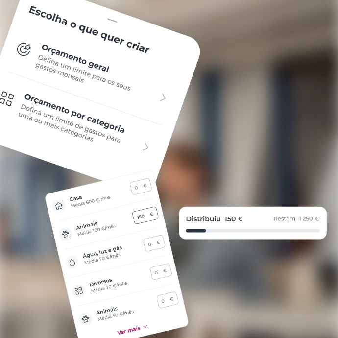 Vários elementos da área Gerir da App Millennium - criar orçamento geral ou por categorial