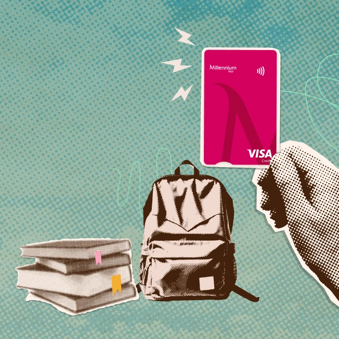 Imagem com uma mão a segurar um cartão do Millennium, uma mochila e vários livros