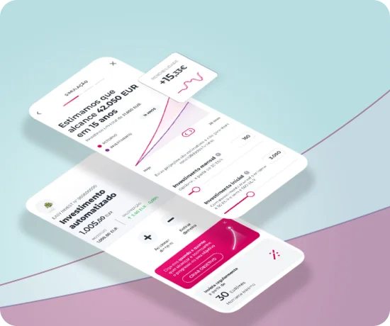 Interface da App Millennium a mostrar uma simulação de investimento automático com projeção de crescimento ao longo de 15 anos.
