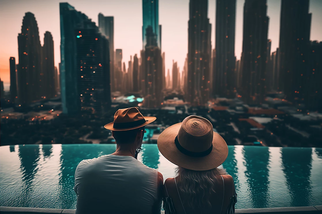 casal visto de costas, ambos com chapéu de palha, com piscina e cidade em frente