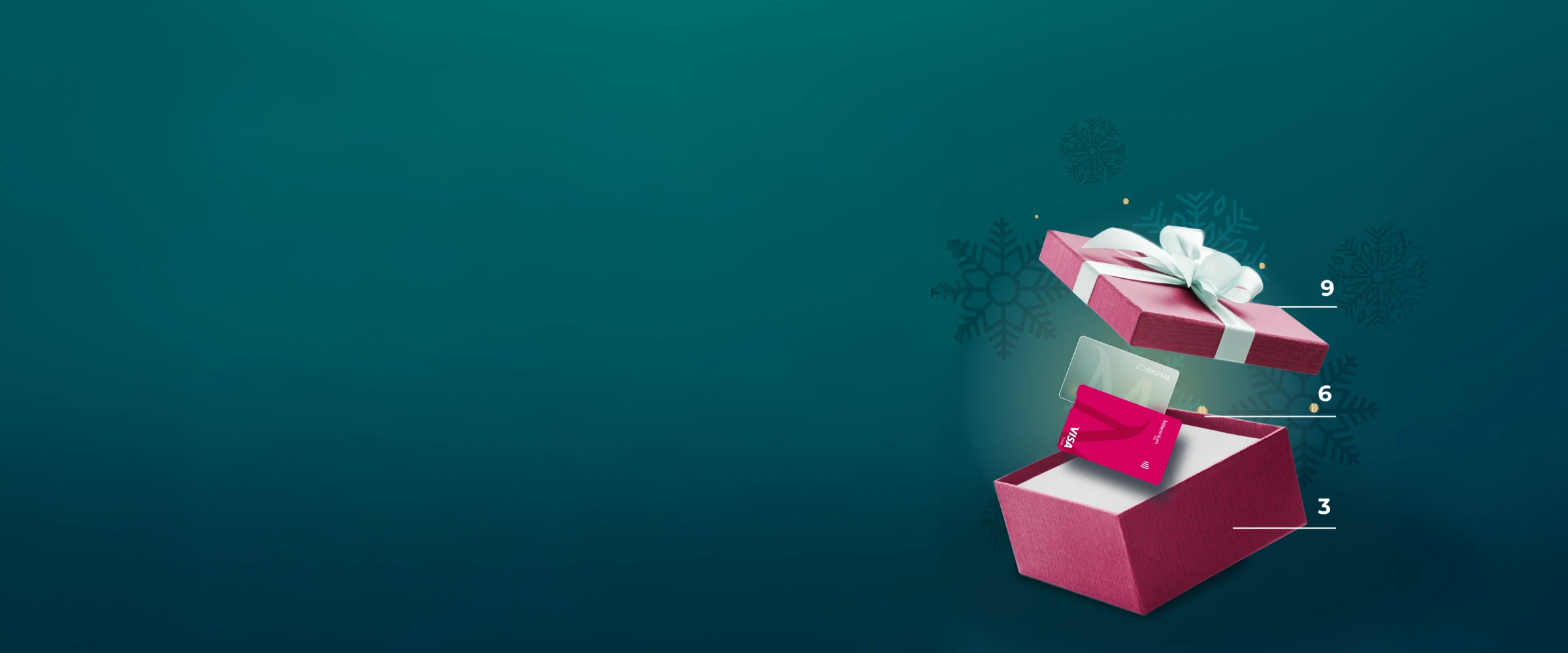 Caixa de presente rosa aberta com cartões a flutuar sobre fundo verde