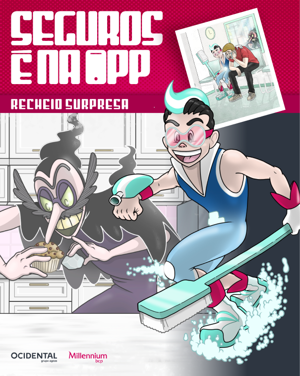 Capa com o herói Médis Dental e o título "Seguros é na app" e "Recheio Surpresa"