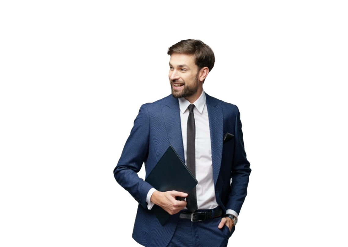 man in a blue suit and tie, holding a briefcase