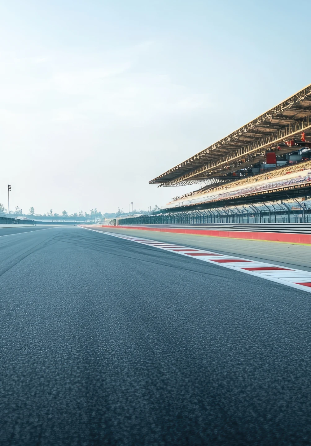 Pista de corrida vazia com bancada e linha de curva em destaque