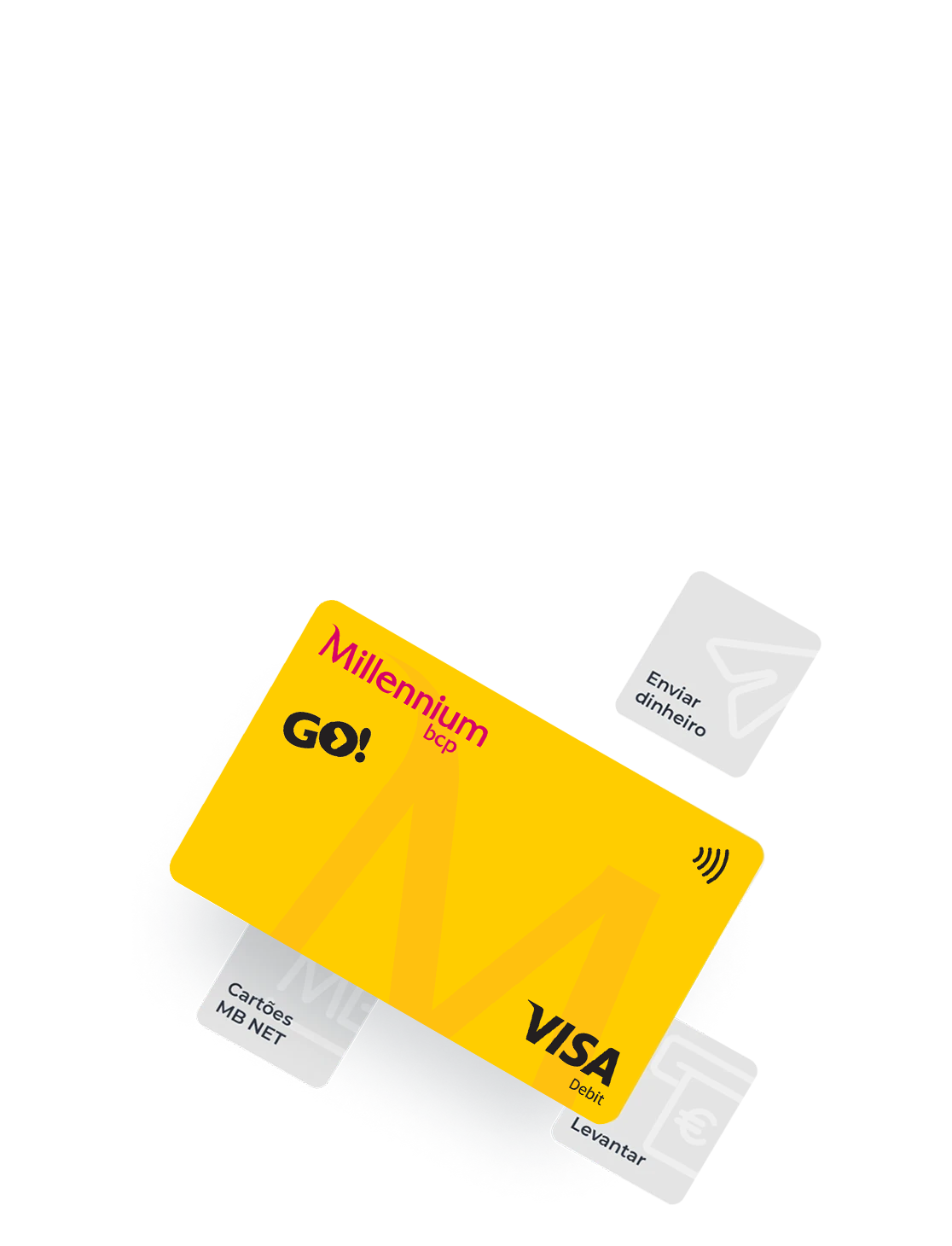 imagem de cartão GO! Débito com símbolos MB NET: Cartões MB NET, Levantar e Enviar dinheiro