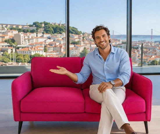 Homem sentado num sofá rosa com vista panorâmica sobre a cidade de Lisboa