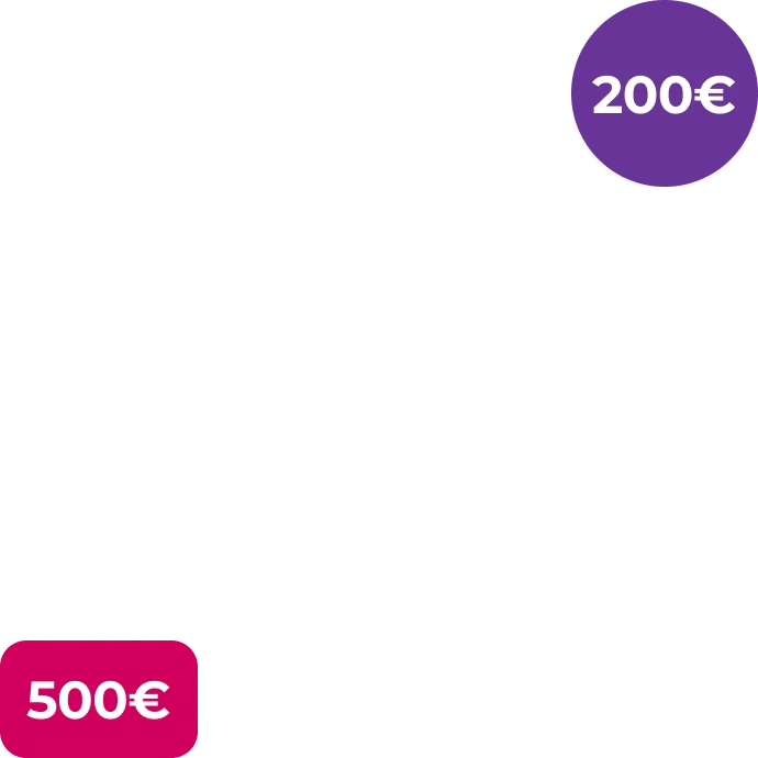 Uma bola roxa com o valor de 200€ e um retângulo com cantos arredondados com o valor de 500€