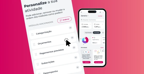 Smartphones exibe ecrã do Gerir da App Millennium, e outro ecrã mostra a possibilidade de personalizar a sua apresentação.