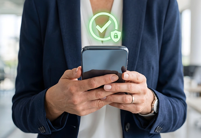 Woman holding a mobile phone with a security and validation icon overlaid