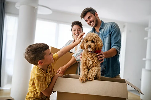 casal com filho a brincar com o seu cão