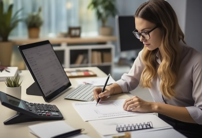 mulher de óculos a escrever num caderno, numa secretária com computador e calculadora