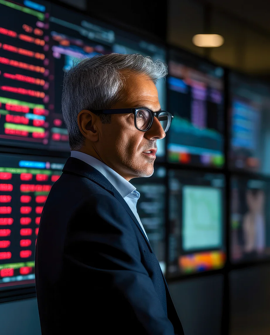 man wearing glasses in a room with investment screens