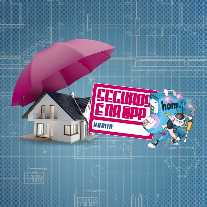 Maquete de casa sob um guarda-chuva rosa e placa a indicar seguros na app