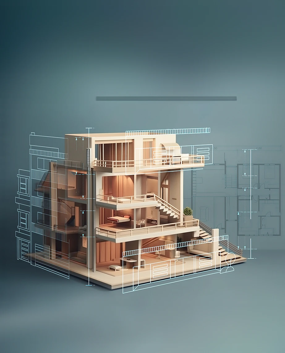 ilustração de maquete de casa com plantas do projeto