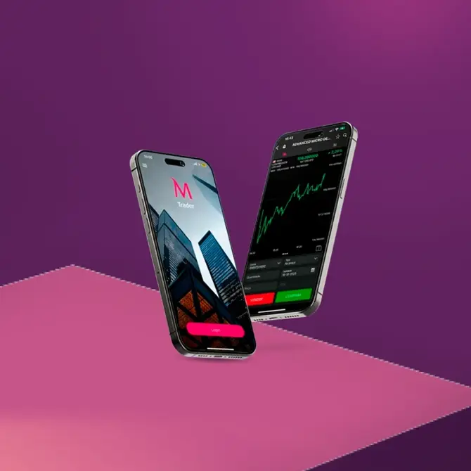 Dois smartphones com ecrãs da App MTrader: um com login, outro com gráfico de bolsa