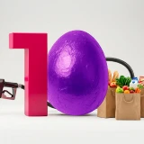 Número 10 estilizado com algarismo rosa, ovo de Páscoa roxo, bico de combustível e sacolas de compras em fundo cinza