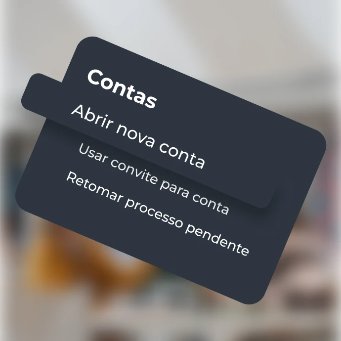 Elemento do submenu "Contas" com várias opções, uma delas: "Abrir nova conta"