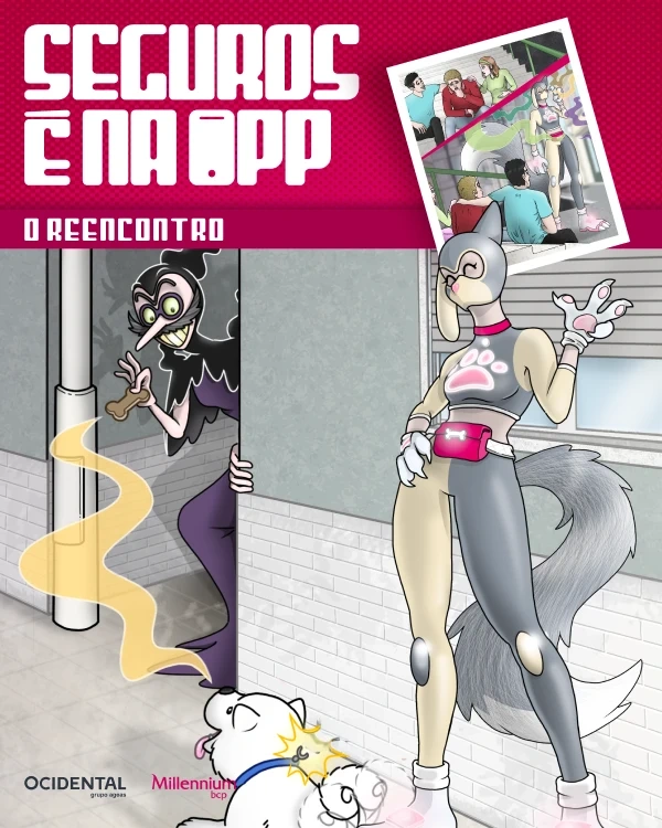 Capa da banda desenhada da Pétis sobre seguros na App Millennium, chamada "O reencontro"