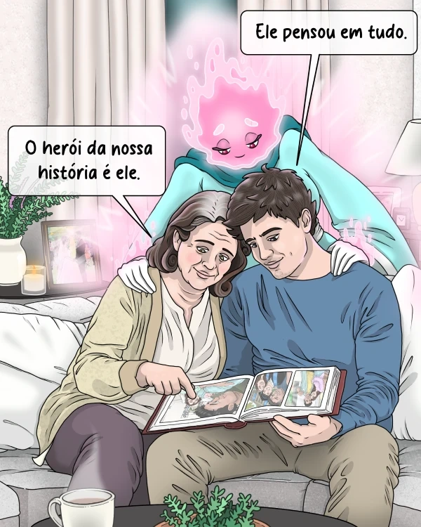 Mãe e filho veem um álbum de fotos do pai no sofá, com a YOLO! a abraçá-los por trás.