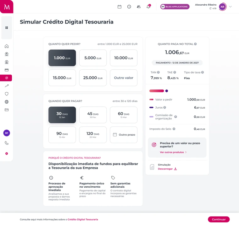 screen of the Digital Credit Treasury simulator