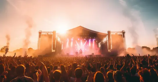 Multidão num festival de música em frente a um palco iluminado ao pôr do sol