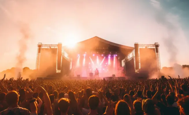 Multidão num festival de música em frente a um palco iluminado ao pôr do sol