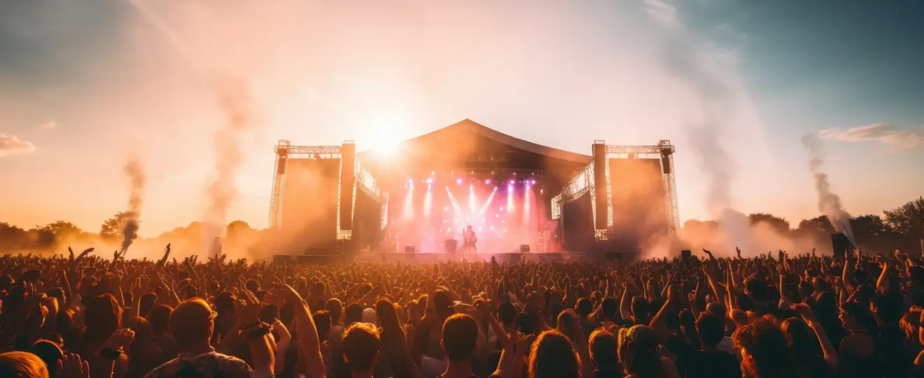 Multidão num festival de música em frente a um palco iluminado ao pôr do sol