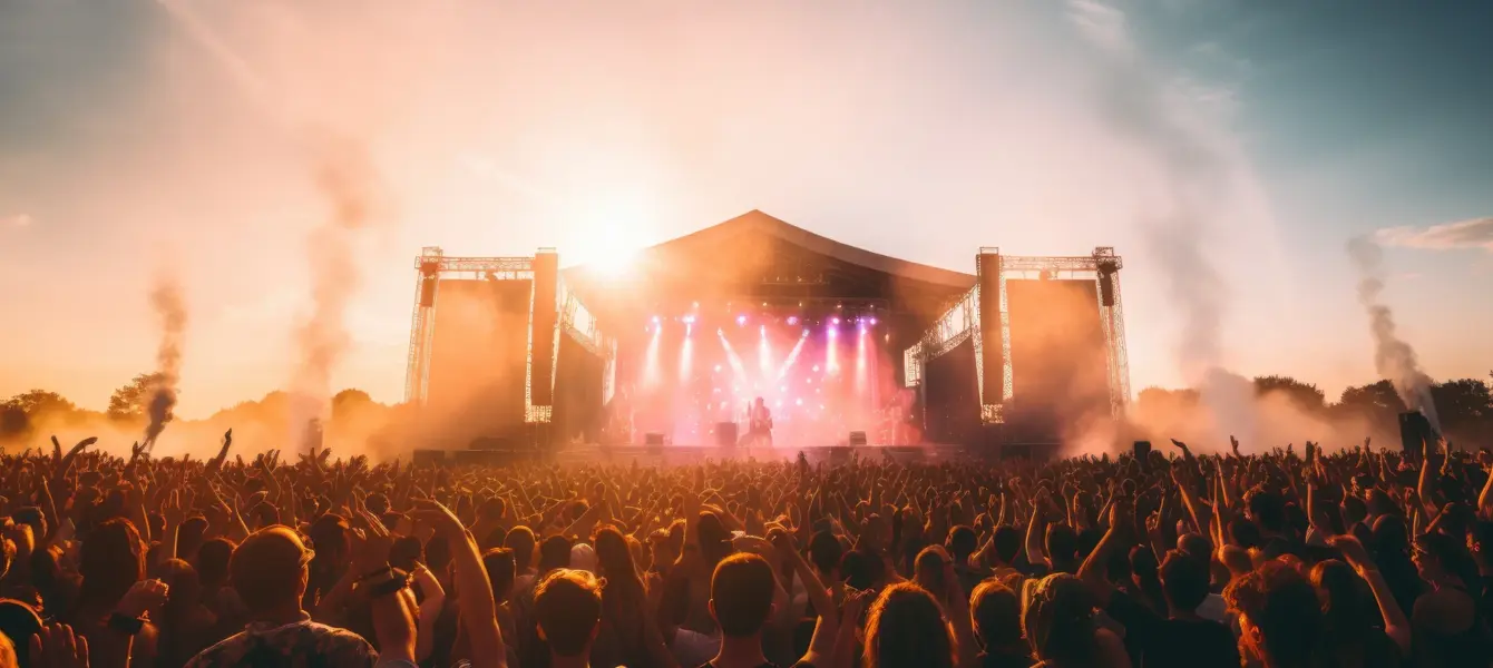 Multidão num festival de música em frente a um palco iluminado ao pôr do sol