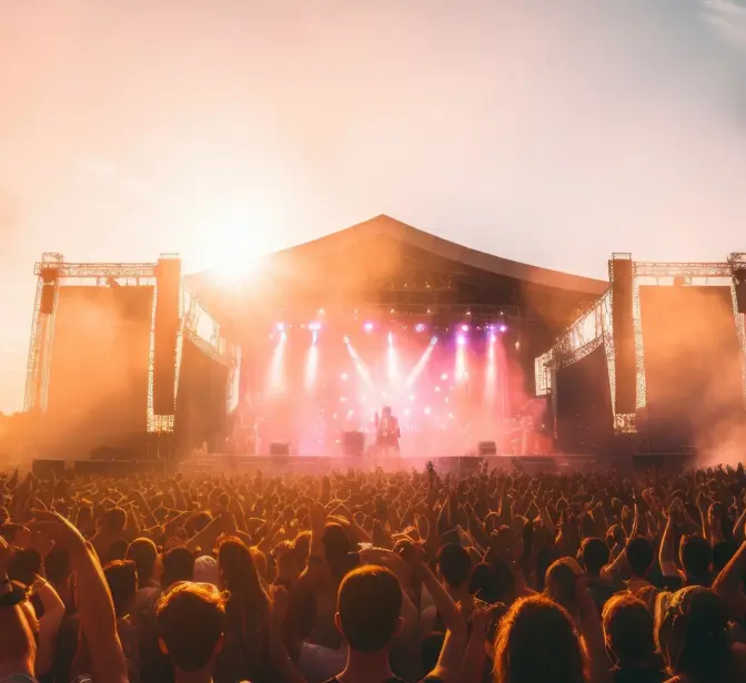 Multidão num festival de música em frente a um palco iluminado ao pôr do sol