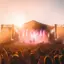 Multidão num festival de música em frente a um palco iluminado ao pôr do sol