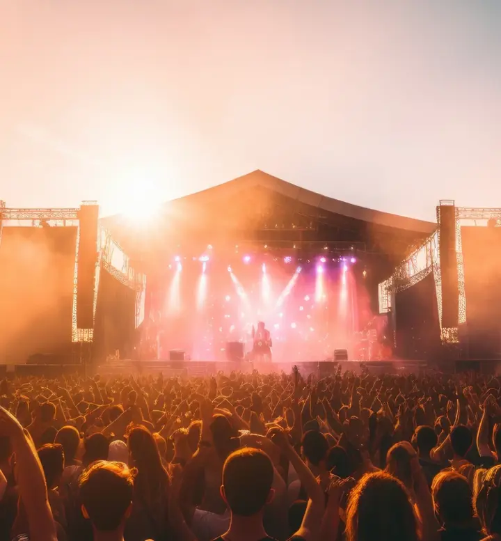 Multidão num festival de música em frente a um palco iluminado ao pôr do sol